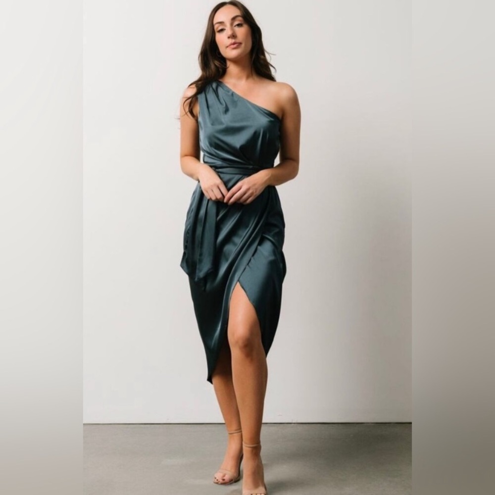 Baltic Born Celia Satin one shoulder midi dress in midnight blue